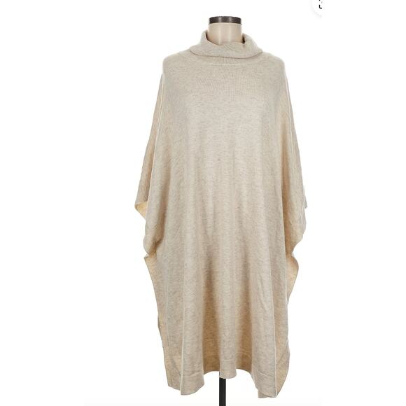 Great Jones Tan Cowl Neck Knit Poncho Sweater Pullover M Oversized Soft - Picture 2 of 5
